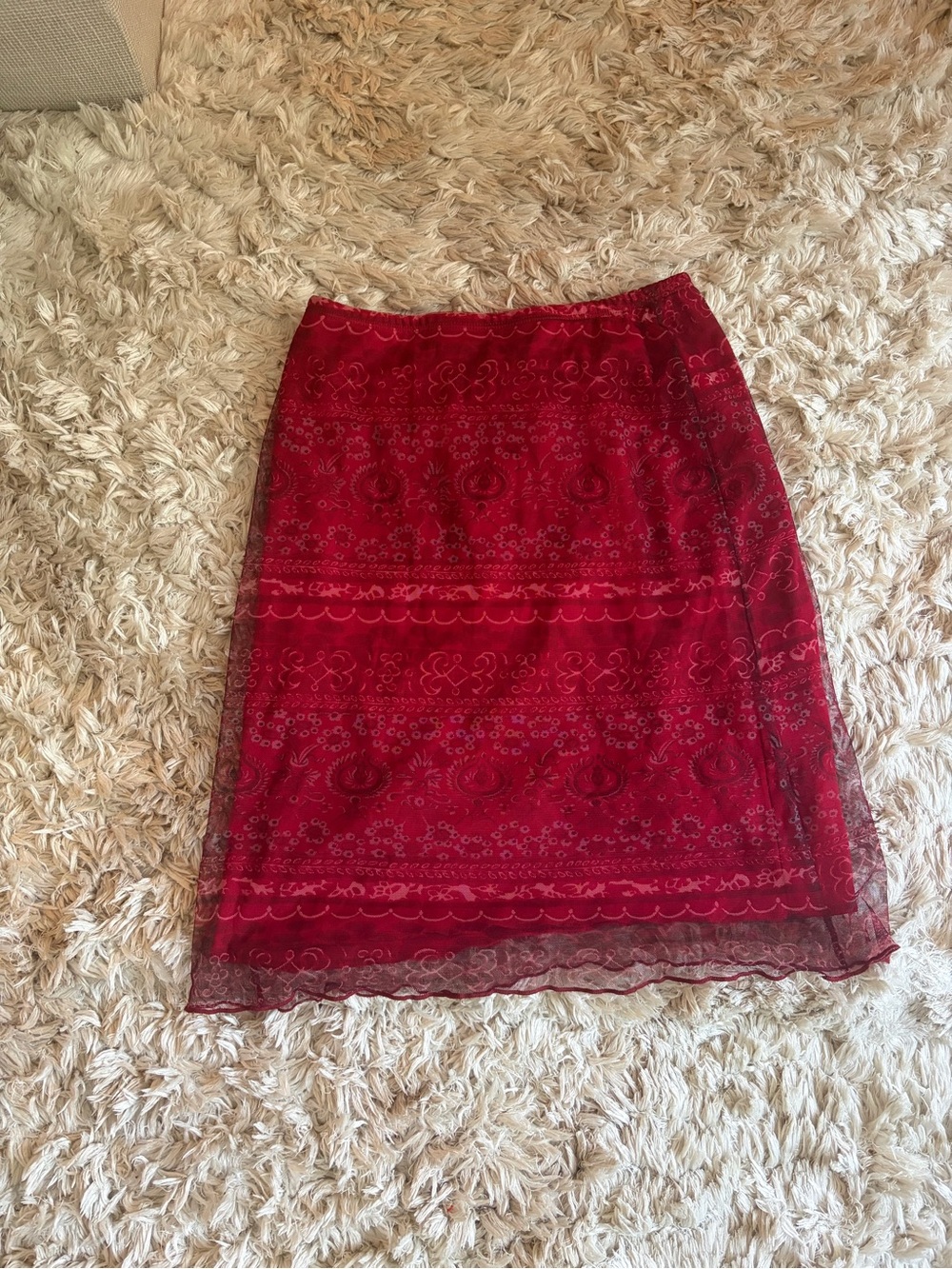 Red Lace Overlay Women's Midi Skirt